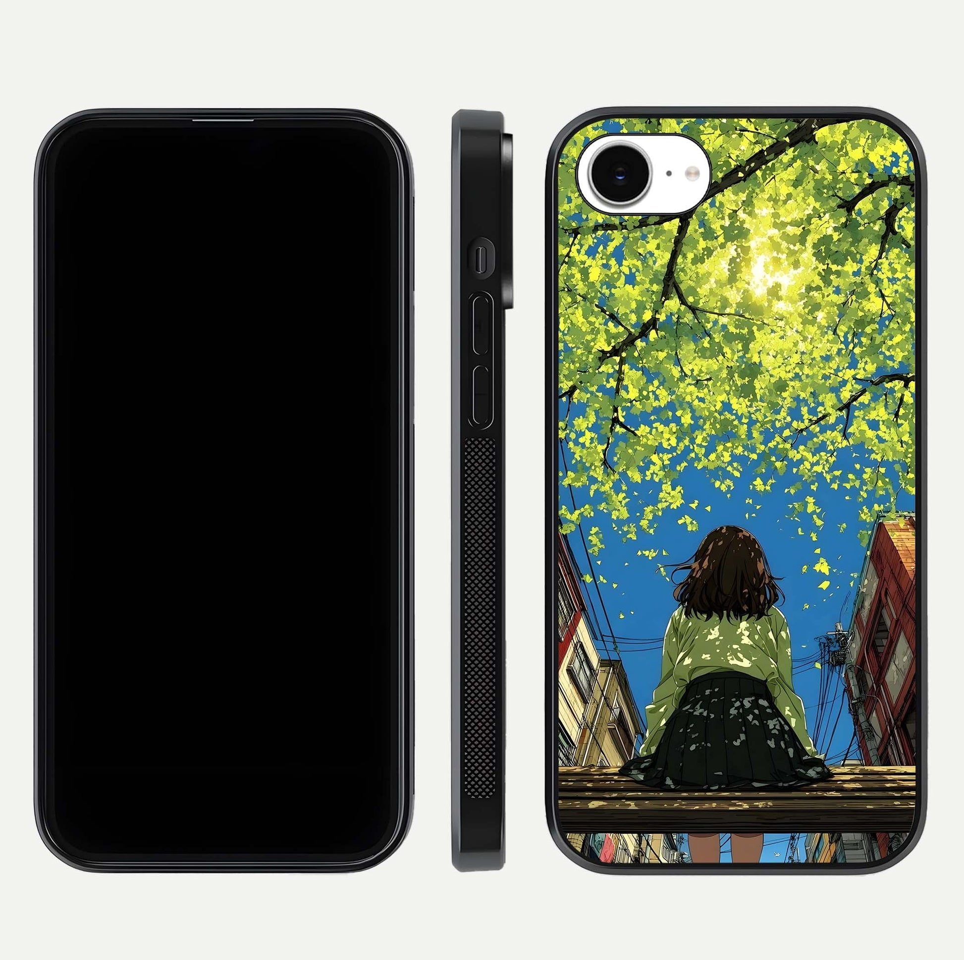 Golden Leaves Glow Glass Case for iPhone 16e front and back view layout highlighting glowing tones and curved edges