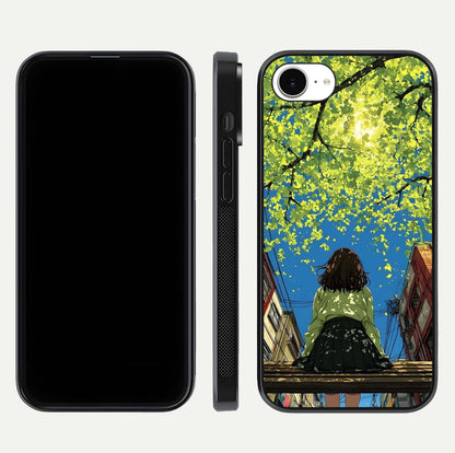 Golden Leaves Glow Glass Case for iPhone 16e front and back view layout highlighting glowing tones and curved edges