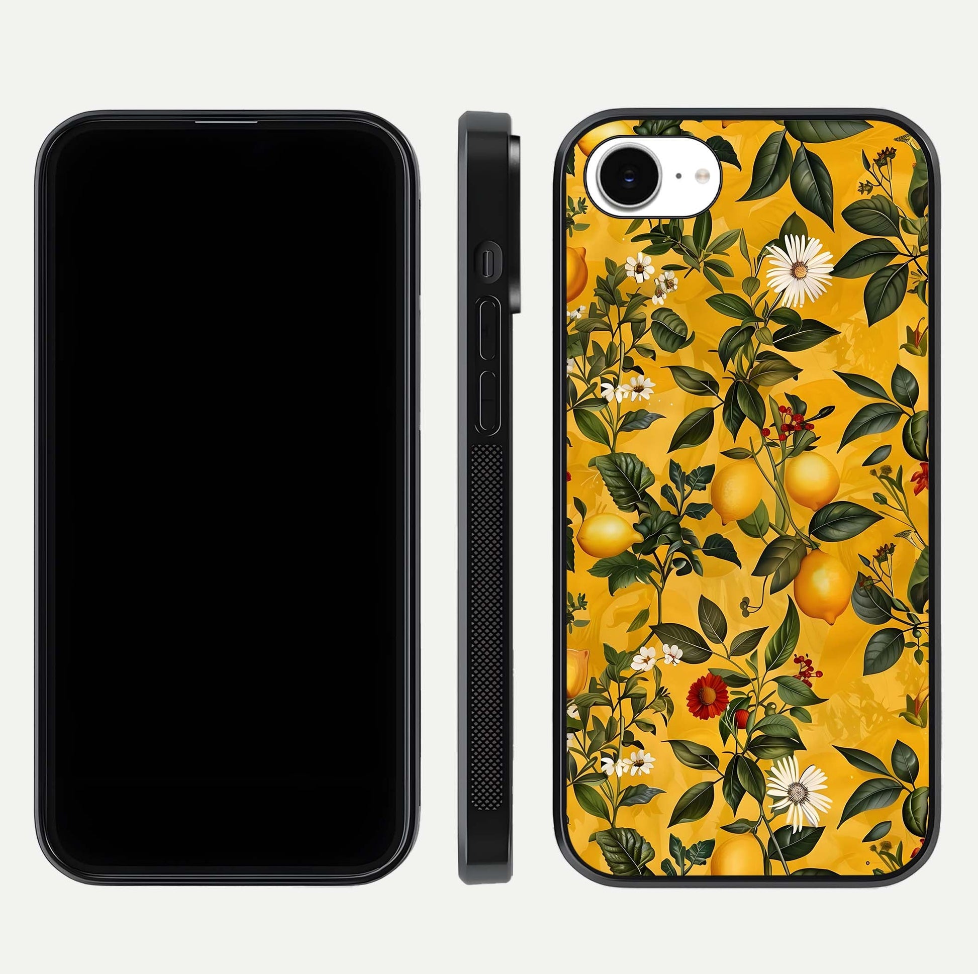 Golden Lemon Field Glass Case for iPhone 16e front and back view layout highlighting fruity tones and curved glass edges