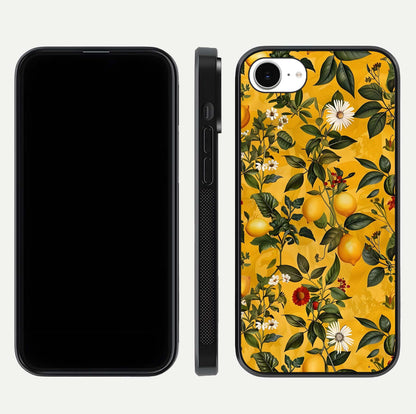 Golden Lemon Field Glass Case for iPhone 16e front and back view layout highlighting fruity tones and curved glass edges