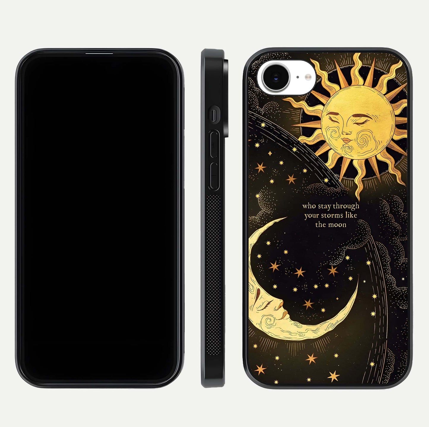 Golden Lunar Love Glass Case for iPhone 16e front and back view layout highlighting celestial tones and curved edges