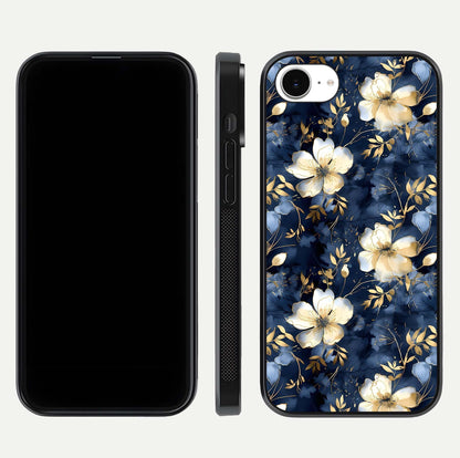 Golden Midnight Bloom Glass Case for iPhone 16e front and back view layout highlighting dark-gold tones and smooth curves