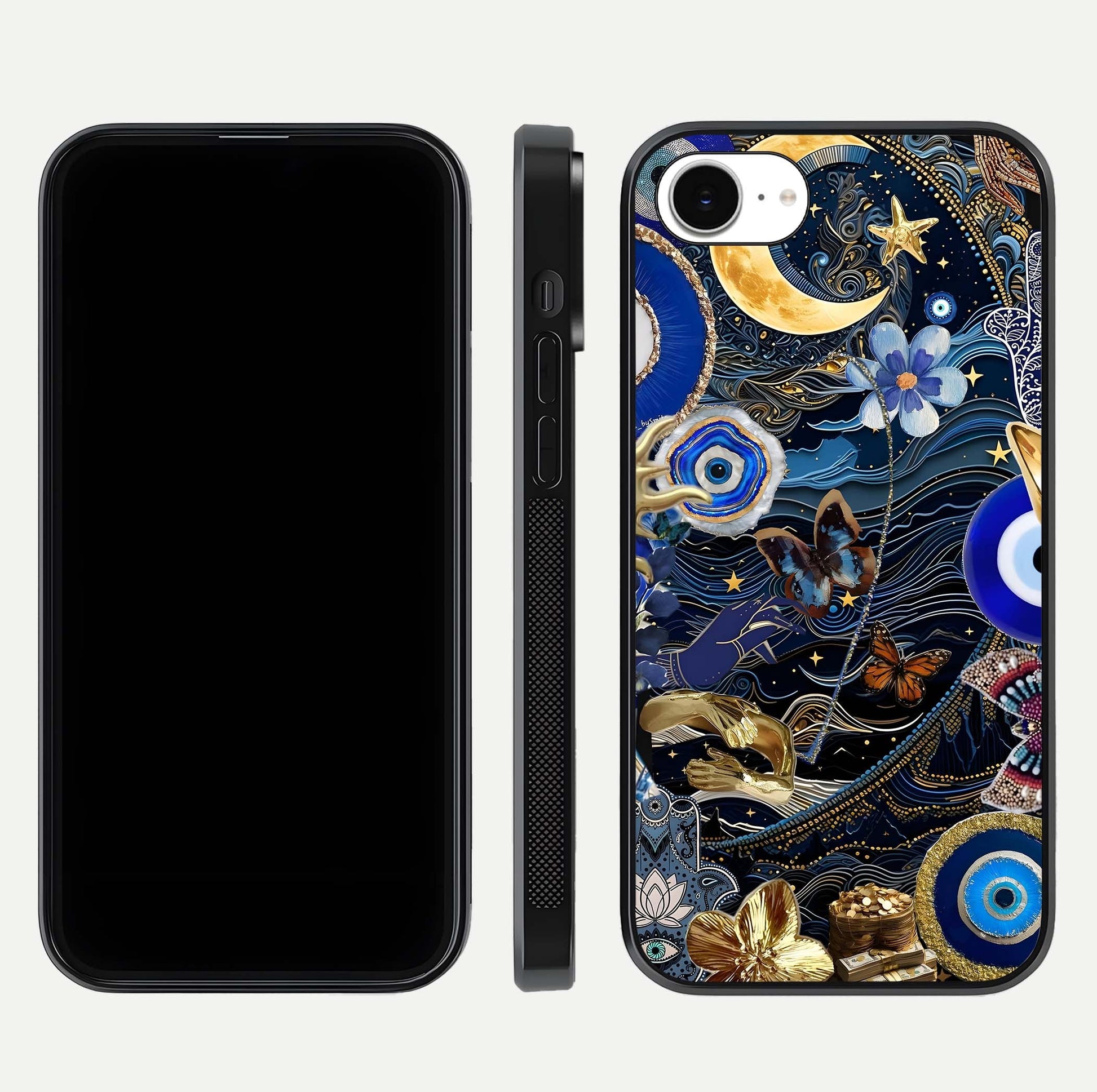Golden Moon Magic Glass Case for iPhone 16e front and back view layout highlighting celestial tones and curved glass