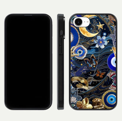 Golden Moon Magic Glass Case for iPhone 16e front and back view layout highlighting celestial tones and curved glass