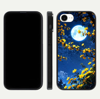Golden Night Glow Glass Case for iPhone 16e front and back view layout displaying metallic glow and curved glass edge