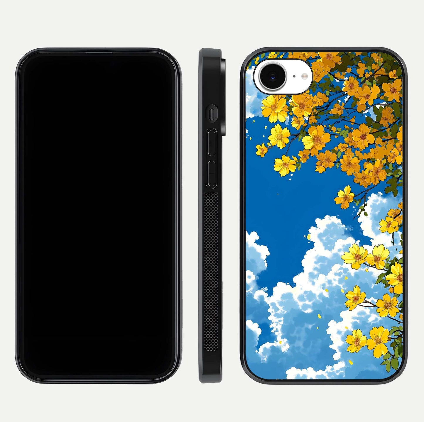 Golden Petal Sky Glass Case for iPhone 16e front and back view layout highlighting floral pattern and curved glass edges