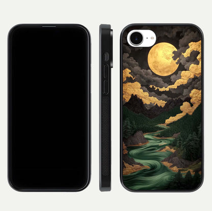 Golden River Moon Glass Case for iPhone 16e front and back view layout displaying celestial glow and smooth curves