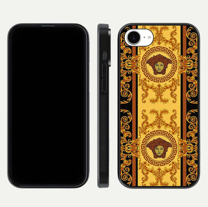 Golden Royal Heritage Glass Case for iPhone 16e front and back view layout displaying ornate gold texture and curved edges