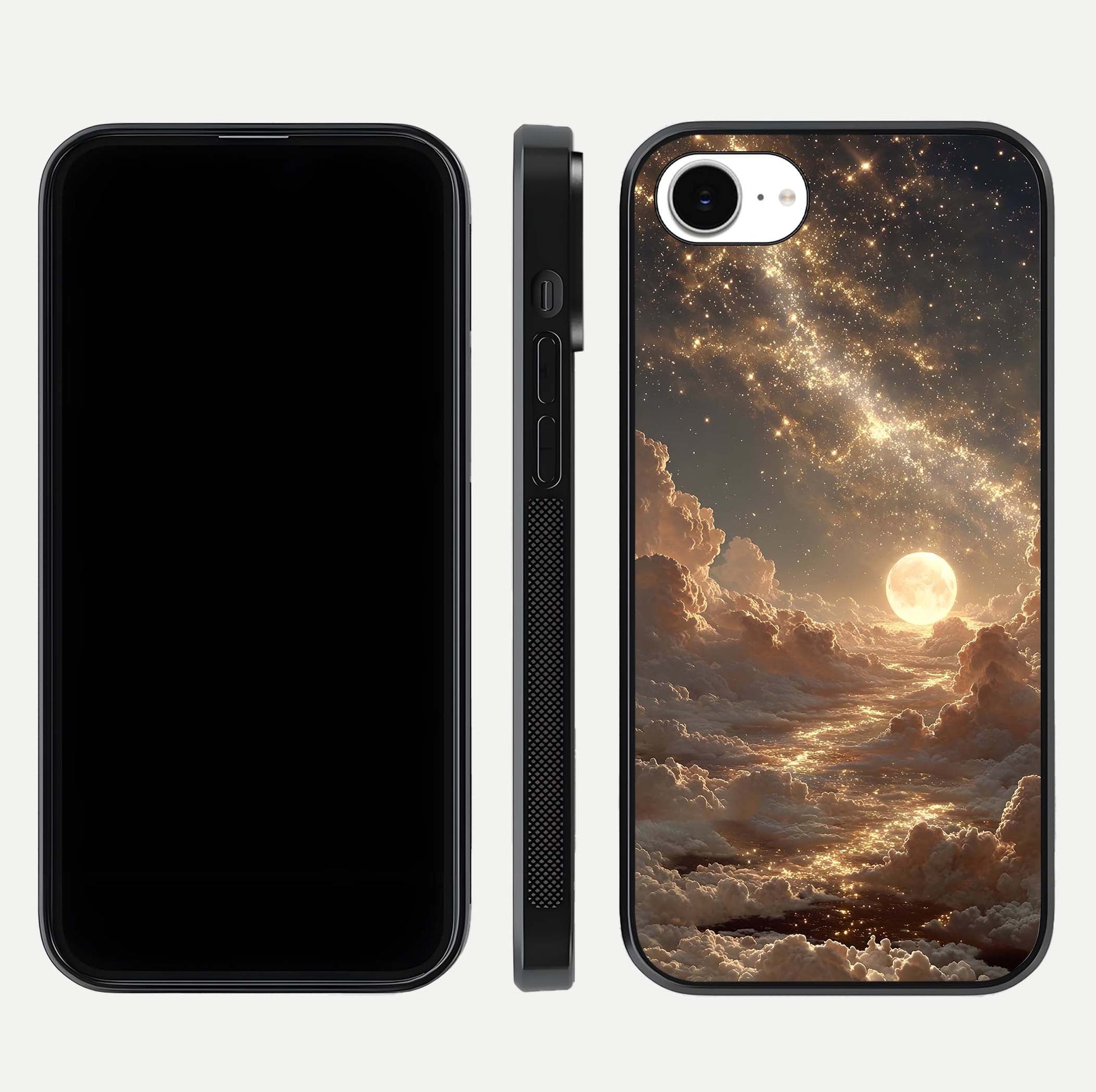 Golden Sky Dream Glass Case for iPhone 16e front and back view layout highlighting celestial gold hues and curved glass