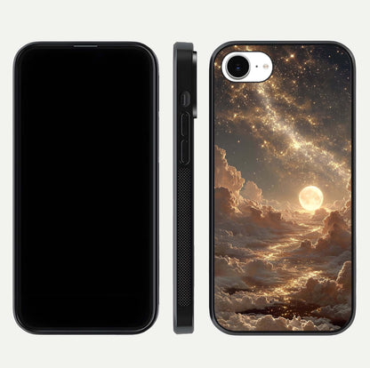 Golden Sky Dream Glass Case for iPhone 16e front and back view layout highlighting celestial gold hues and curved glass