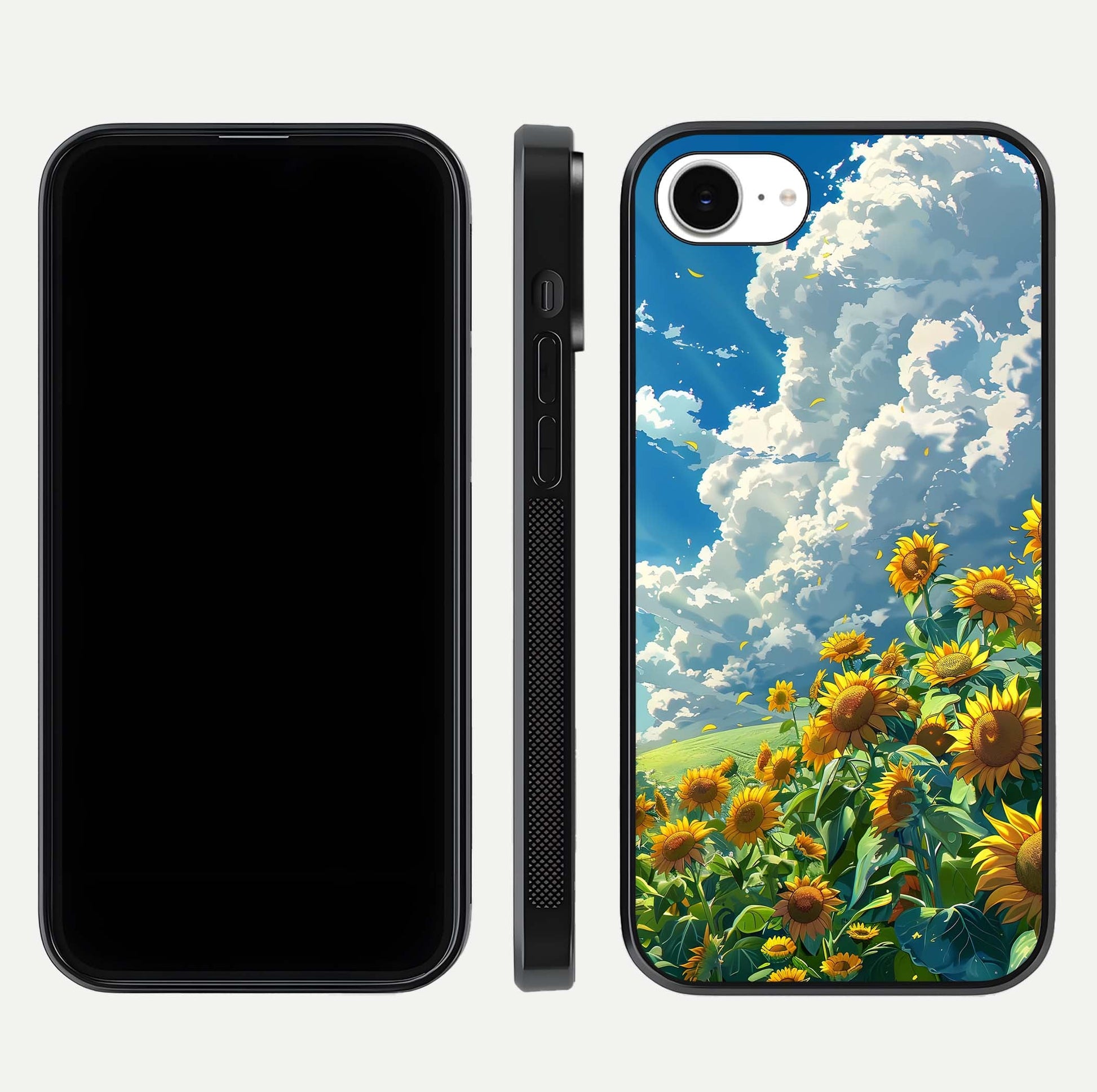Golden Sun Glory Glass Case for iPhone 16e front and back view layout displaying bright golden tones and curved edges