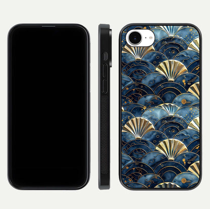 Golden Wave Luxe Glass Case for iPhone 16e front and back view layout highlighting fluid gold design and curved glass