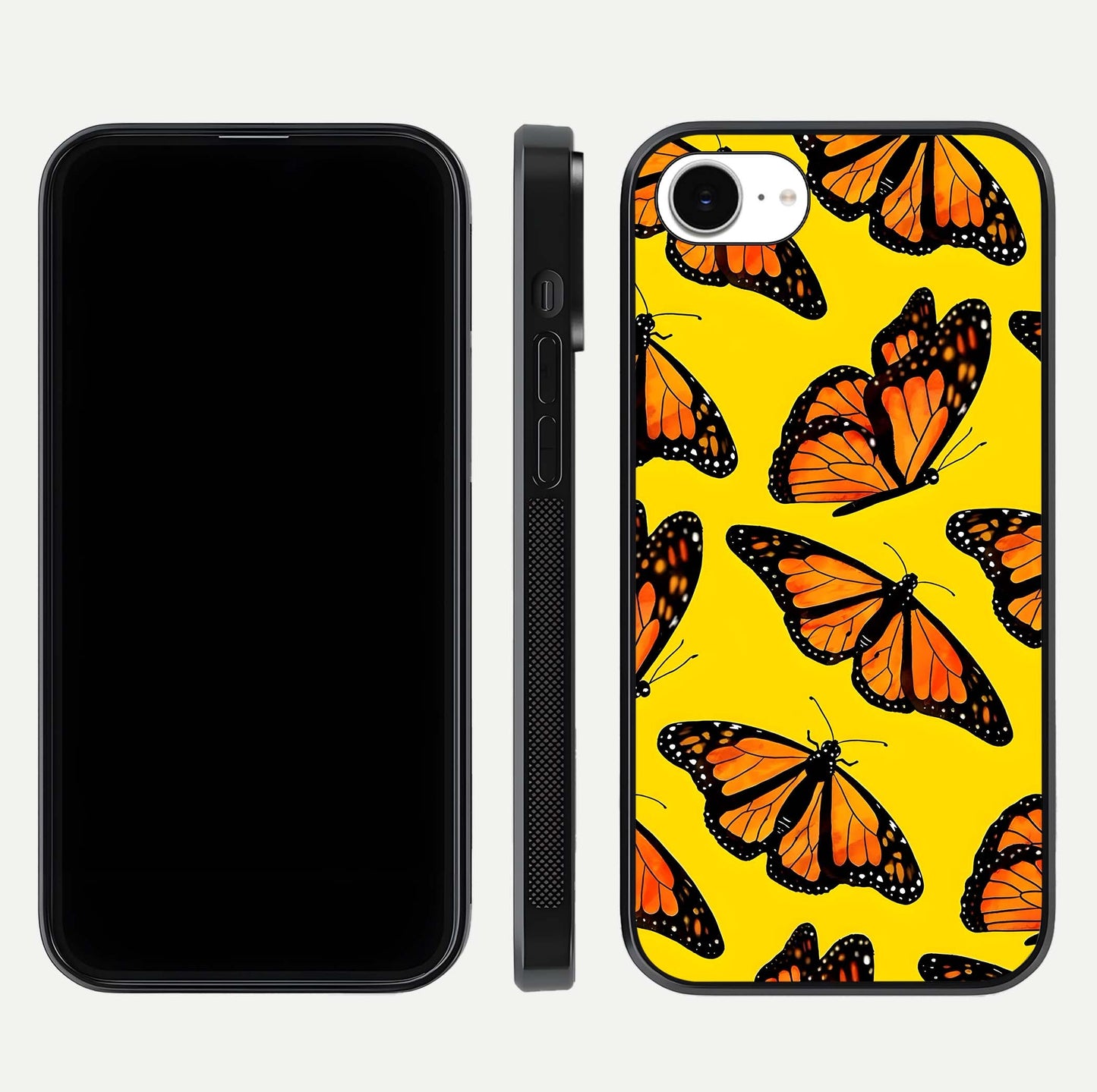 Golden Wing Flight Glass Case for iPhone 16e front and back view layout highlighting graceful lines and curved glass
