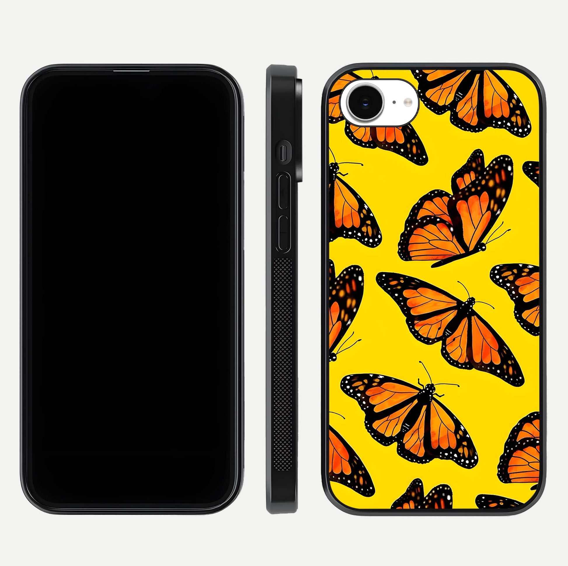 Golden Wing Flight Glass Case for iPhone 16e front and back view layout highlighting graceful lines and curved glass