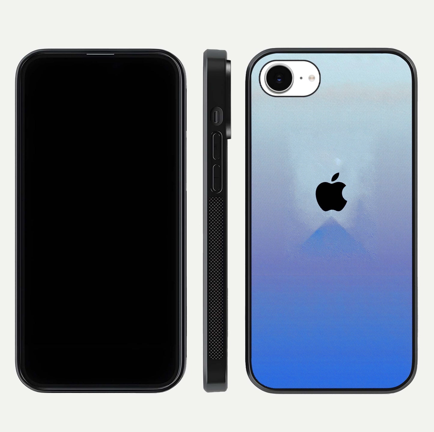Gradient Apple Vibe Glass Case for iPhone 16e front and back view layout highlighting minimalist Apple design and curved edges