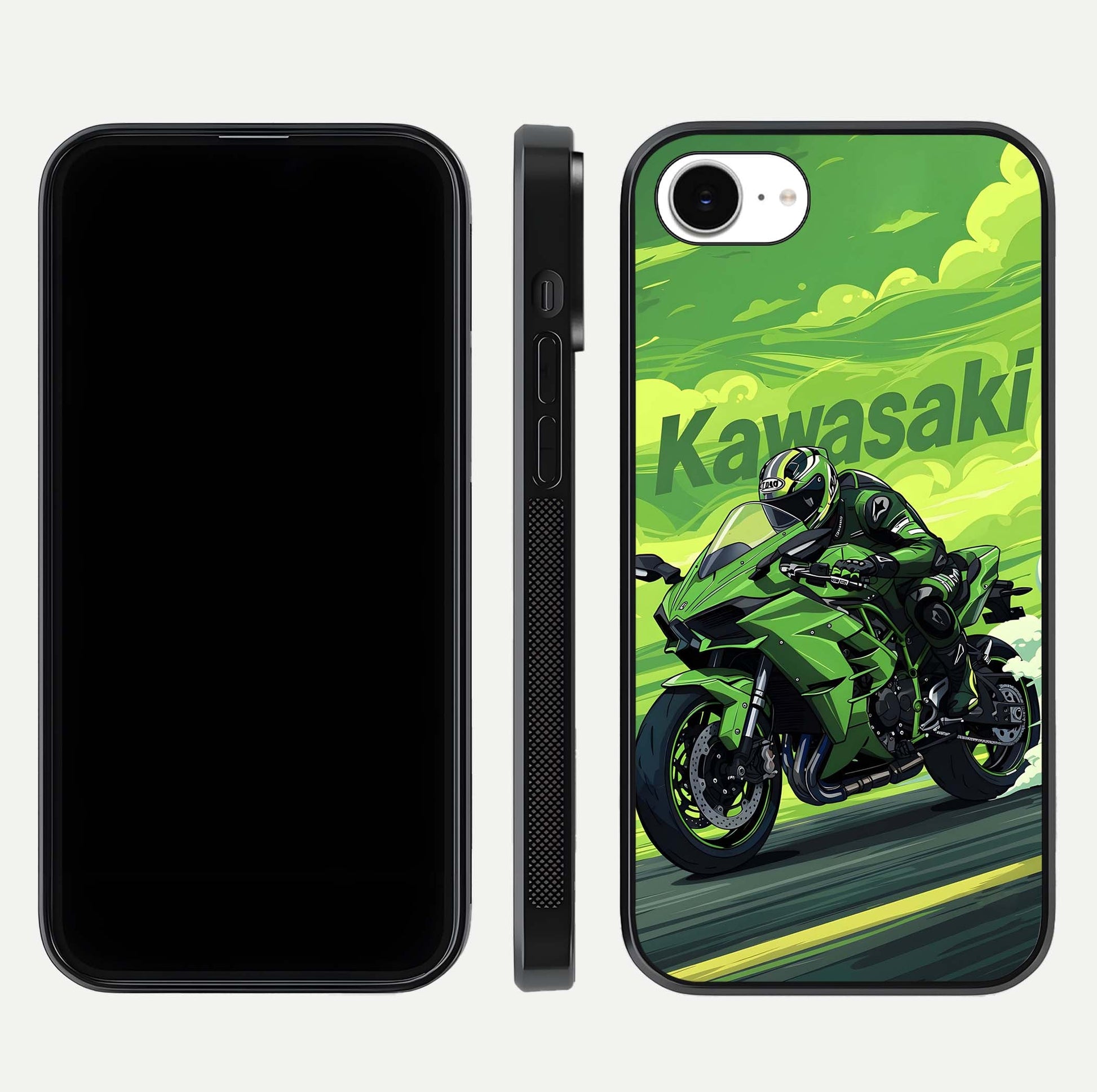Green Kawasaki Glass Case for iPhone 16e front and back view layout highlighting vivid green tones and curved glass edges