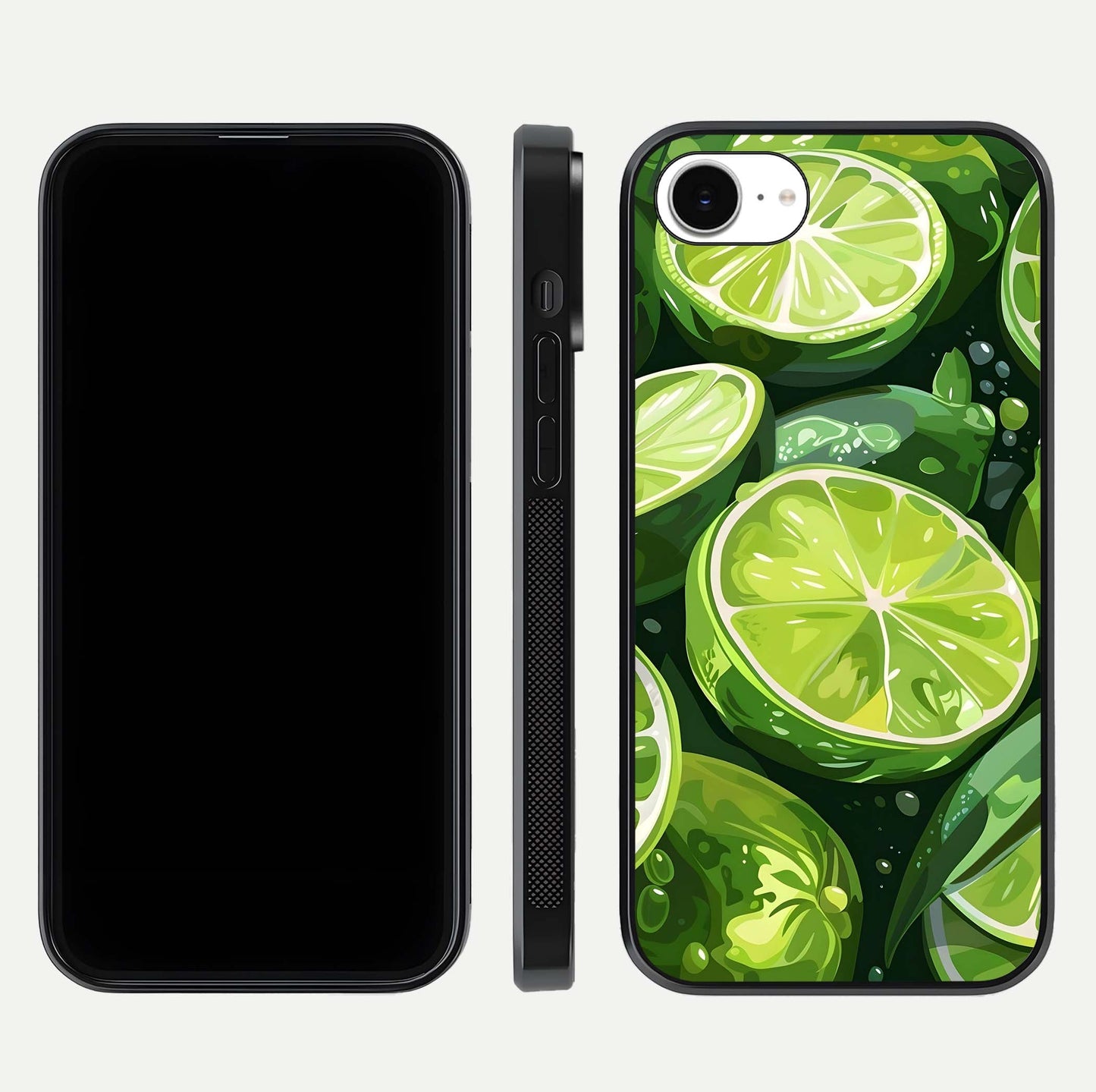 Green Lemon Glass Case for iPhone 16e front and back view layout displaying vibrant yellow-green hues and smooth edges