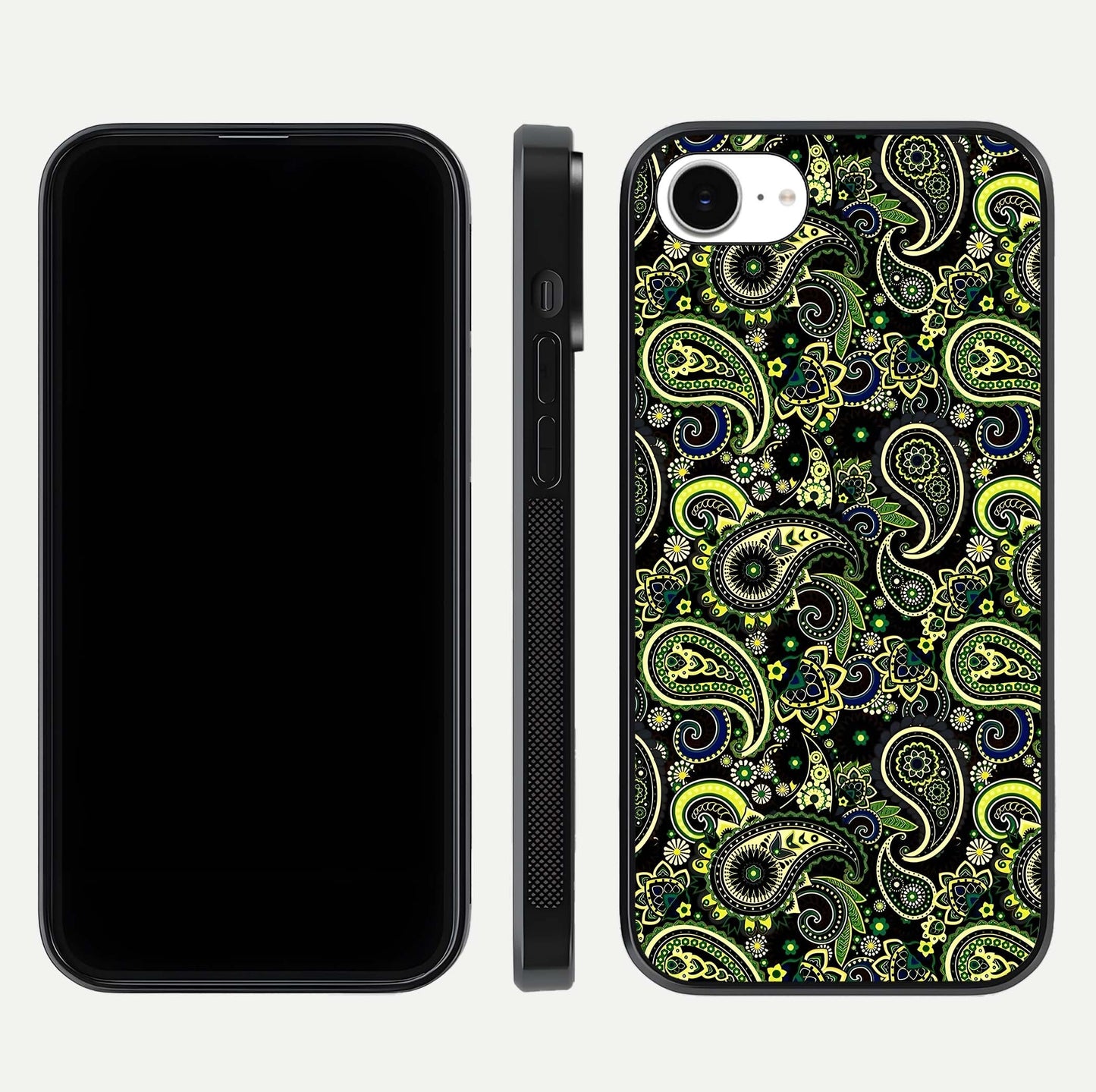 Green Mandala Pattern Glass Case for iPhone 16e front and back view layout highlighting geometric art and curved glass