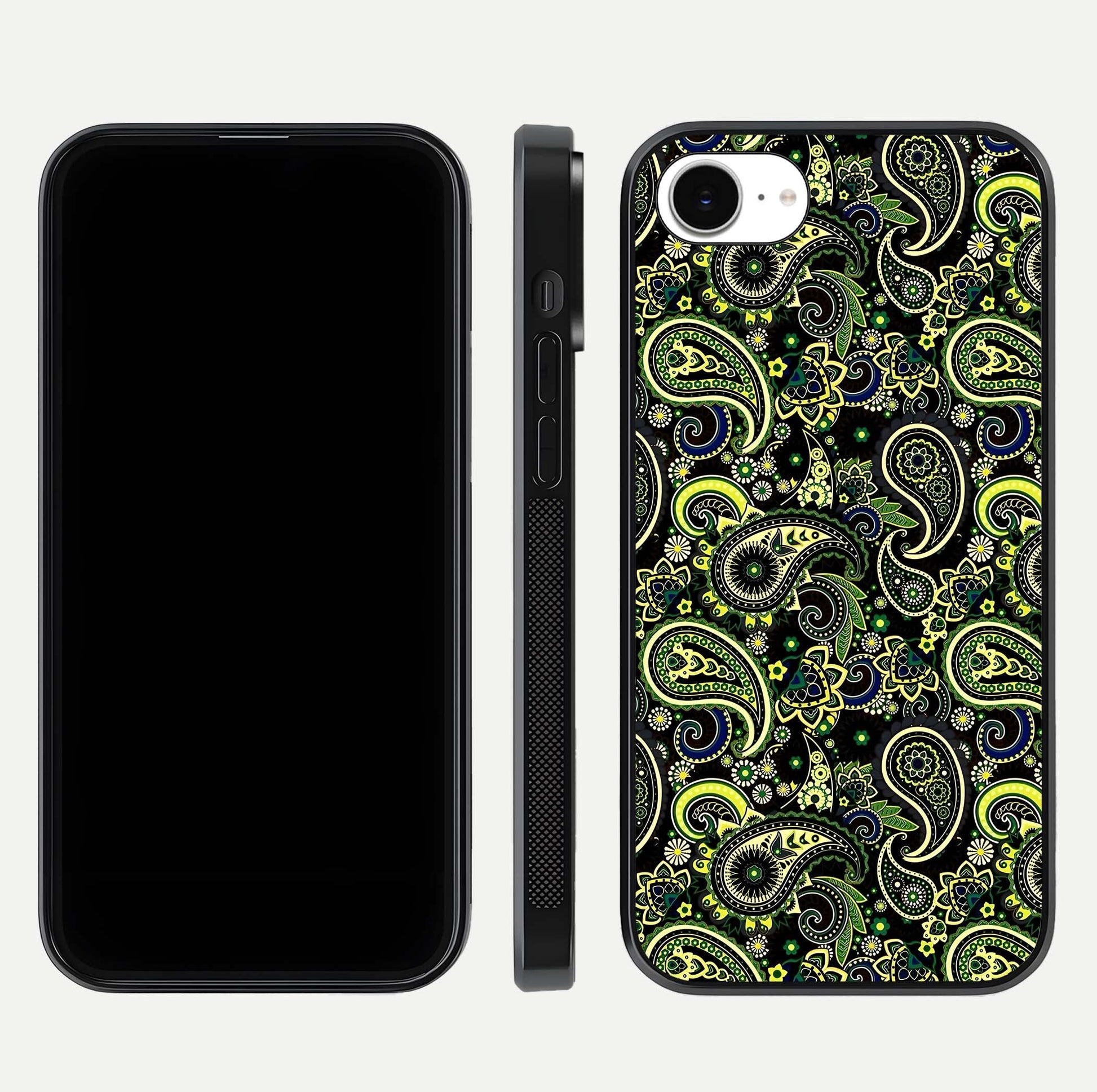 Green Mandala Pattern Glass Case for iPhone 16e front and back view layout highlighting geometric art and curved glass