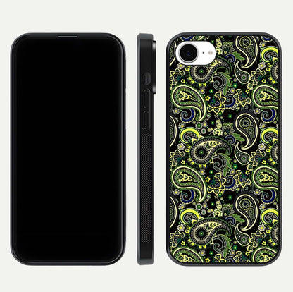 Green Mandala Pattern Glass Case for iPhone 16e front and back view layout highlighting geometric art and curved glass