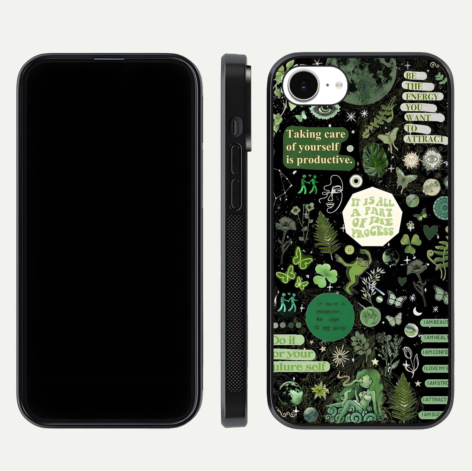 Green Moon Energy Glass Case for iPhone 16e front and back view layout highlighting cosmic tones and smooth edges
