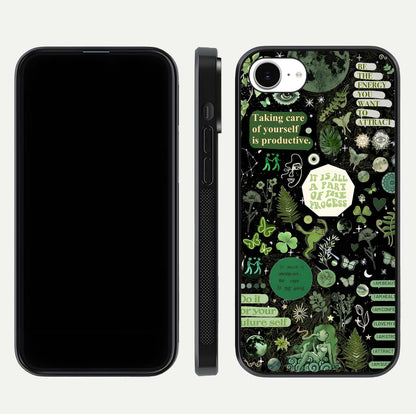 Green Moon Energy Glass Case for iPhone 16e front and back view layout highlighting cosmic tones and smooth edges