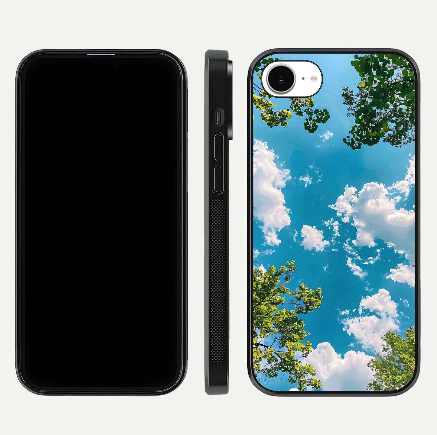Greenery Sky Glass Case for iPhone 16e front and back view layout displaying scenic green-blue gradient and curved edges