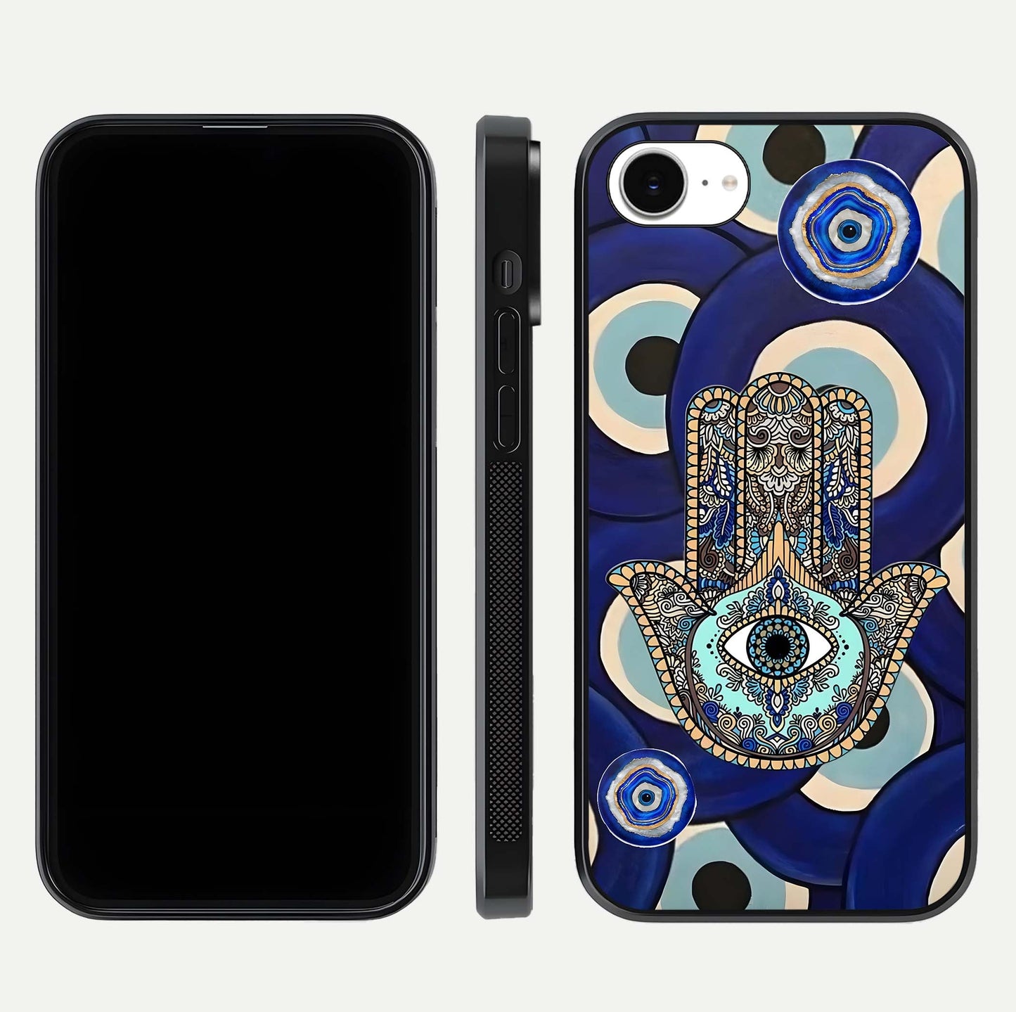 Hamsa Divine Guard Glass Case for iPhone 16e front and back view layout highlighting spiritual artwork and smooth edges