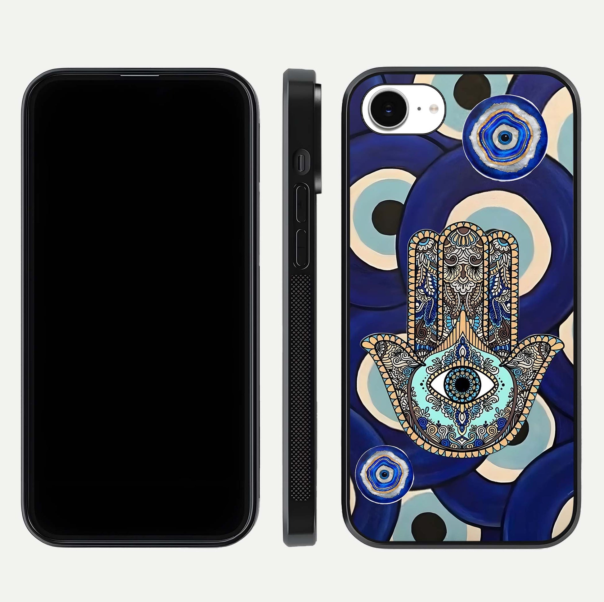 Hamsa Divine Guard Glass Case for iPhone 16e front and back view layout highlighting spiritual artwork and smooth edges