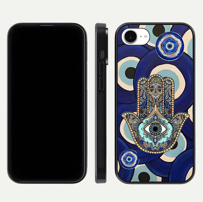Hamsa Divine Guard Glass Case for iPhone 16e front and back view layout highlighting spiritual artwork and smooth edges