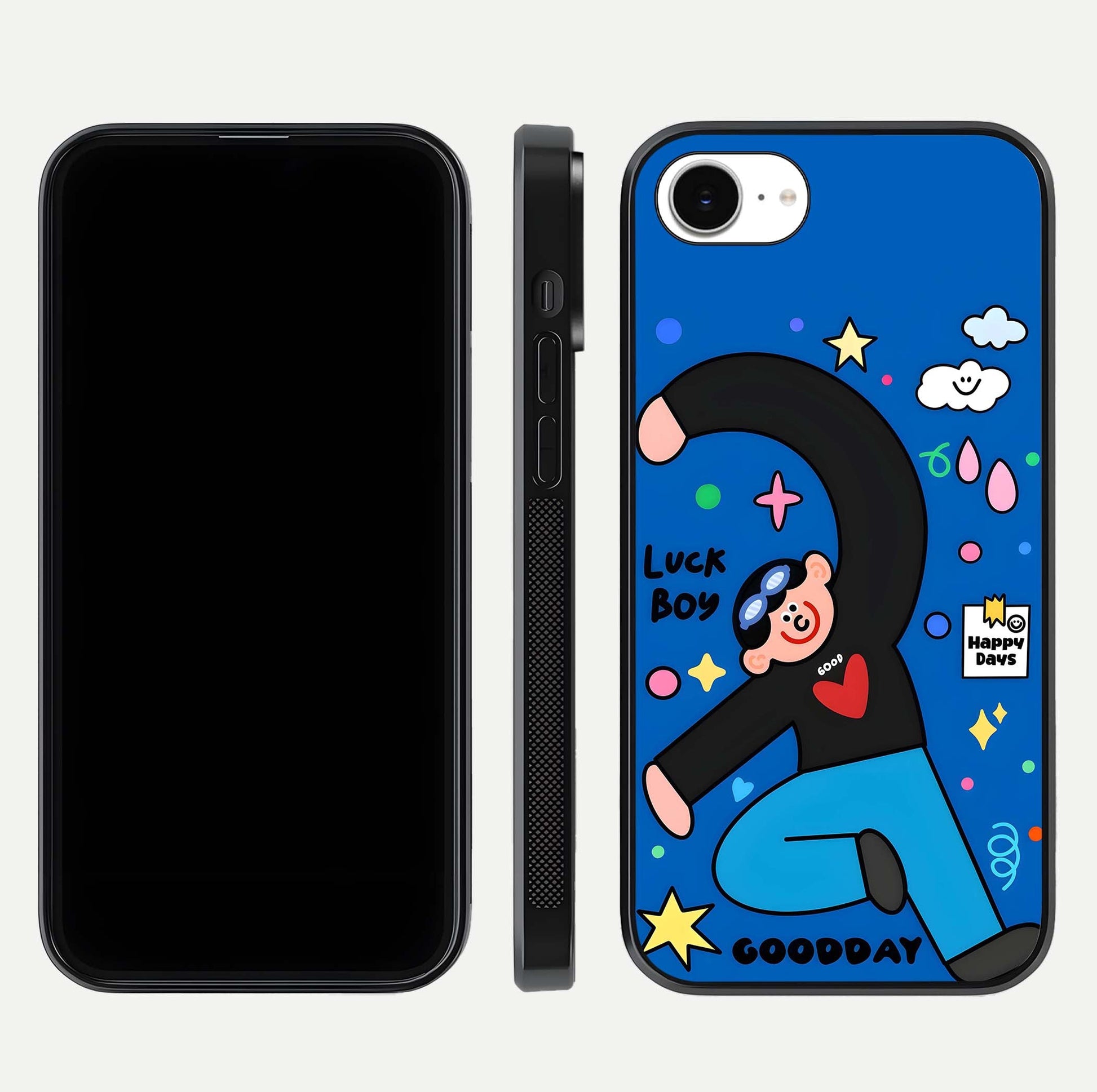 Happy Luck Vibe Glass Case for iPhone 16e front and back view layout highlighting positive motif and curved edges