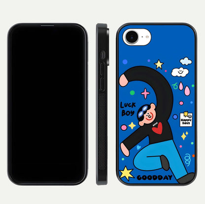 Happy Luck Vibe Glass Case for iPhone 16e front and back view layout highlighting positive motif and curved edges