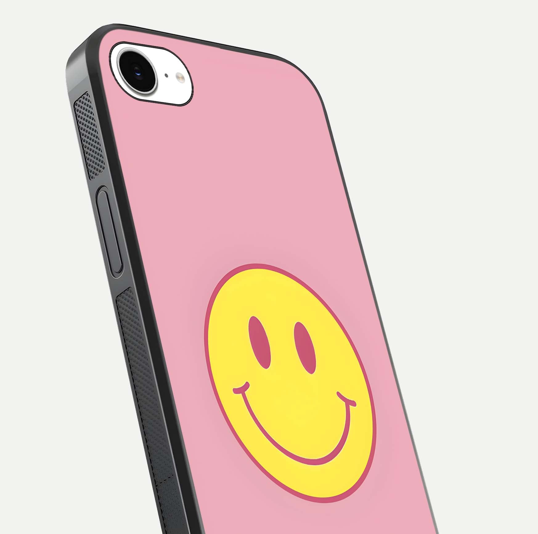 Happy Pink Mood iPhone 16e glass phone case angled back view highlighting bright pink artwork and side grip texture