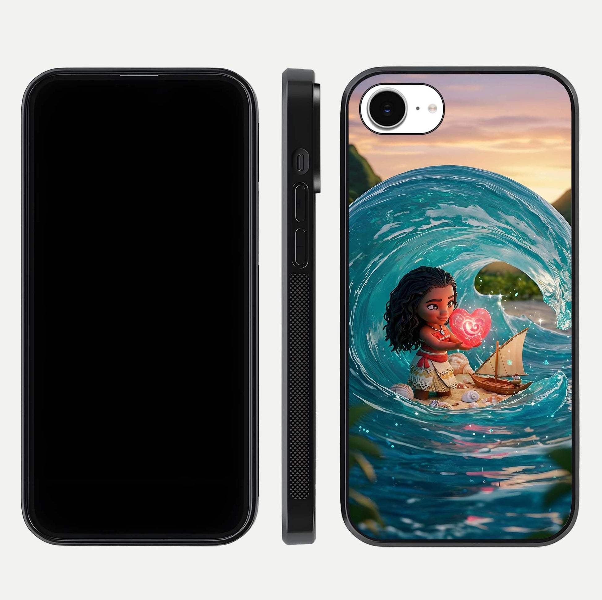 Heart of Ocean Glass Case for iPhone 16e front and back view layout highlighting sea-themed art and curved glass edges