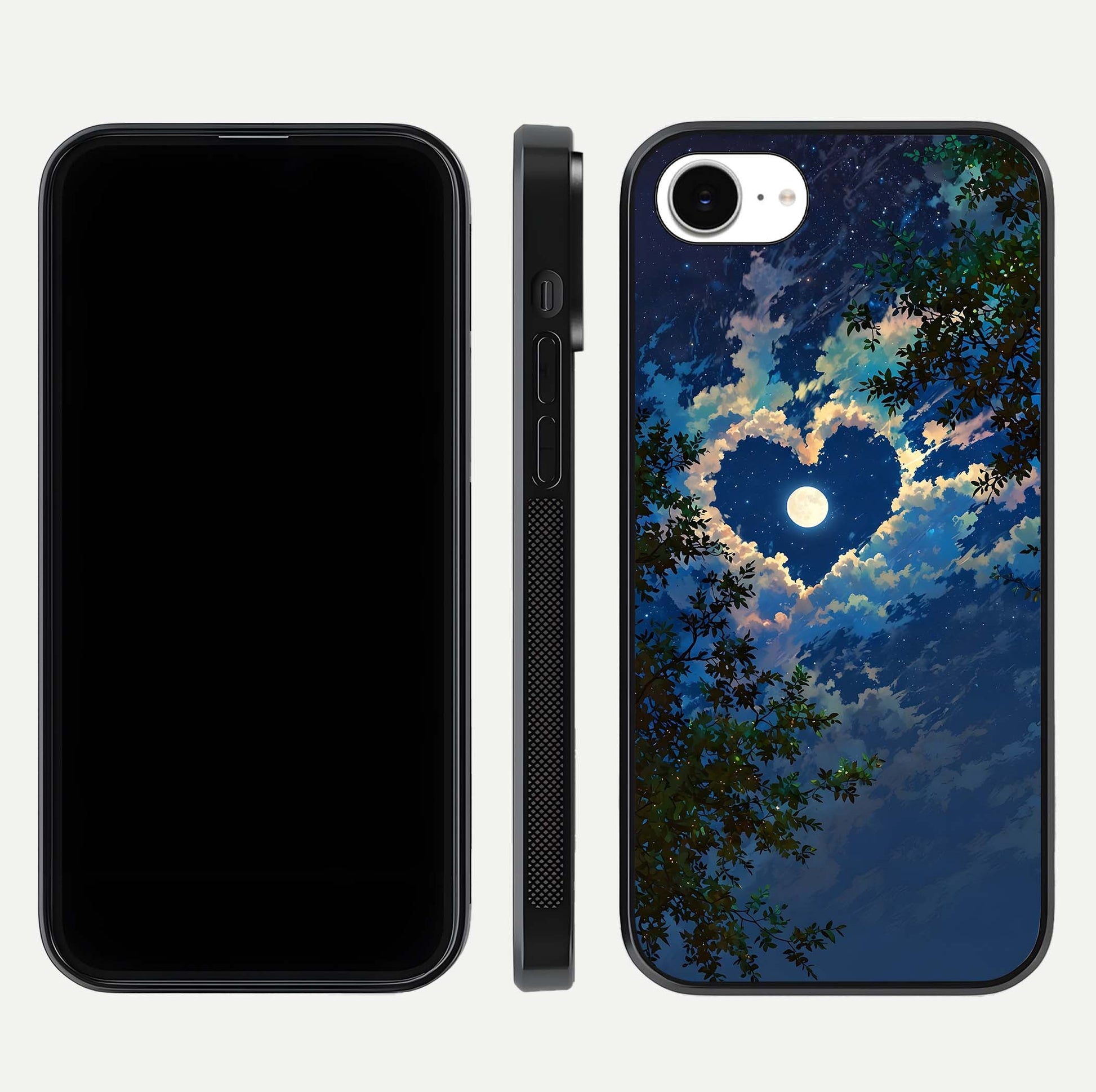 Heart with Moon Sky Glass Case for iPhone 16e front and back view layout displaying celestial tones and curved glass