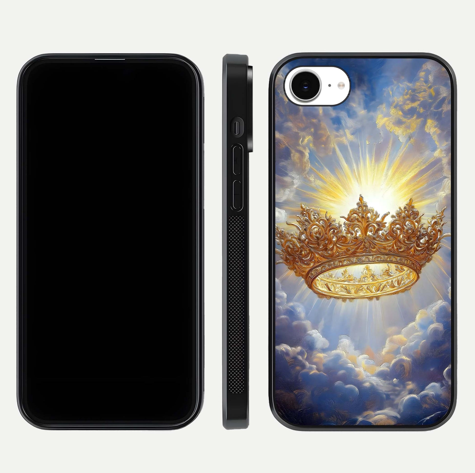 Heavenly Crown Light Glass Case for iPhone 16e front and back view layout highlighting golden aura tones and curved glass edges