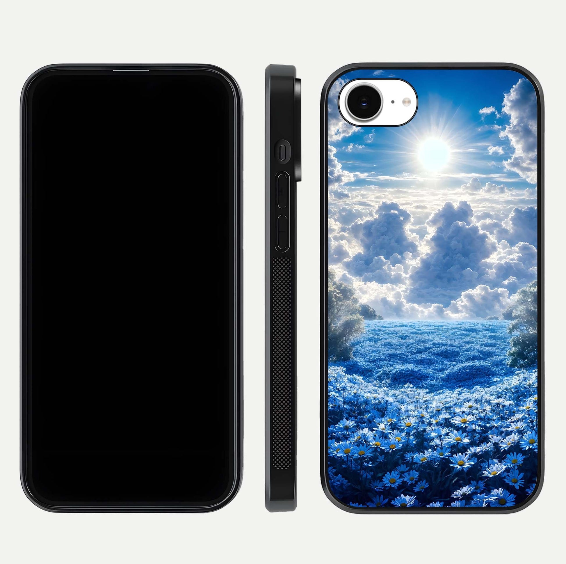 Heavenly Daisy Horizon Glass Case for iPhone 16e front and back view layout highlighting floral field tones and curved edges