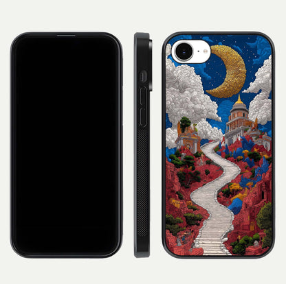 Heavenly Moon Path Glass Case for iPhone 16e front and back view layout displaying night sky tones and curved glass edges