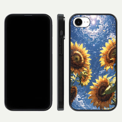 Heavenly Sunflower Rise Glass Case for iPhone 16e front and back view layout highlighting golden floral tones and curved edges