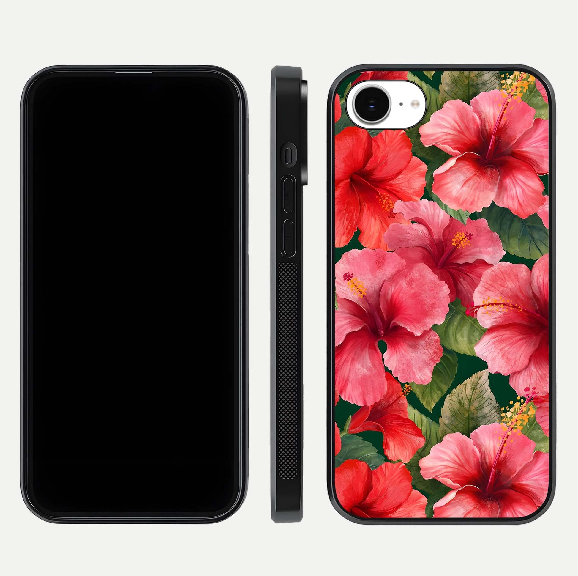 Hibiscus Pattern Glass Case for iPhone 16e front and back view layout highlighting tropical design and curved glass edges