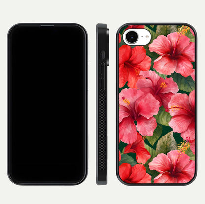 Hibiscus Pattern Glass Case for iPhone 16e front and back view layout highlighting tropical design and curved glass edges