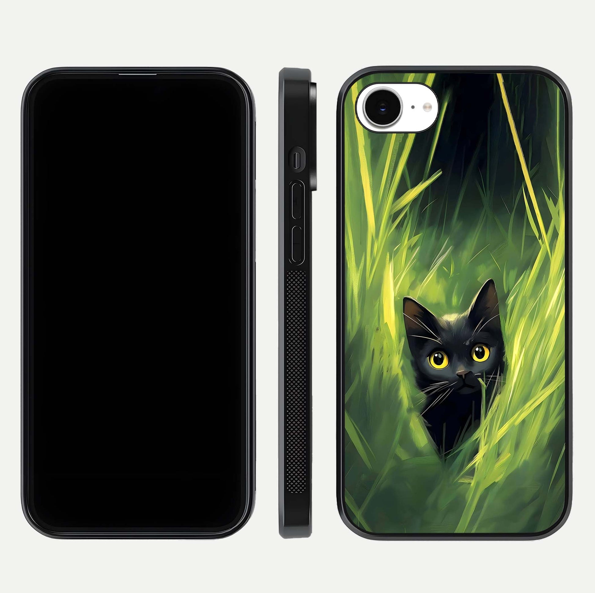Hidden Cat Whisper Glass Case for iPhone 16e front and back view layout highlighting minimalist art and curved edges