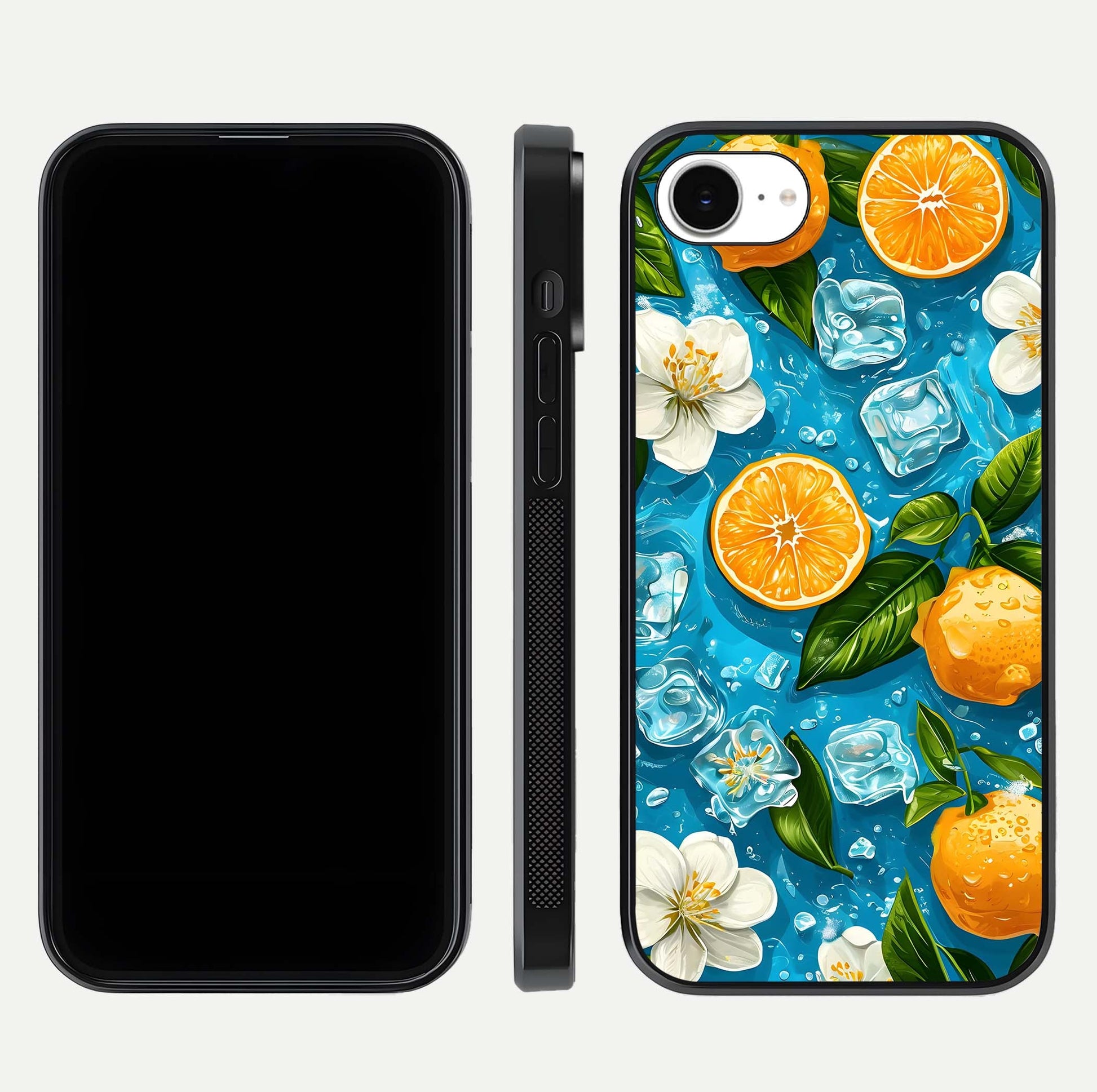 Ice Cube With Orange Glass Case for iPhone 16e front and back view layout highlighting fresh orange tones and curved edges