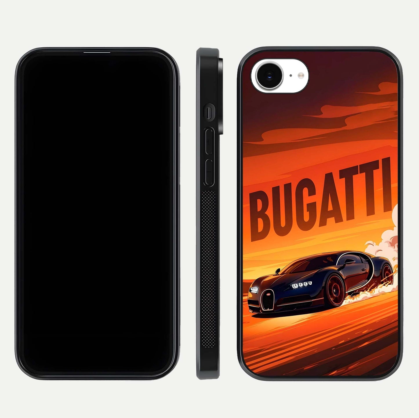 Inferno Bugatti Storm Glass Case for iPhone 16e front and back view layout highlighting car silhouette and curved glass edge