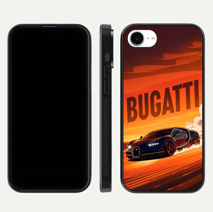 Inferno Bugatti Storm Glass Case for iPhone 16e front and back view layout highlighting car silhouette and curved glass edge
