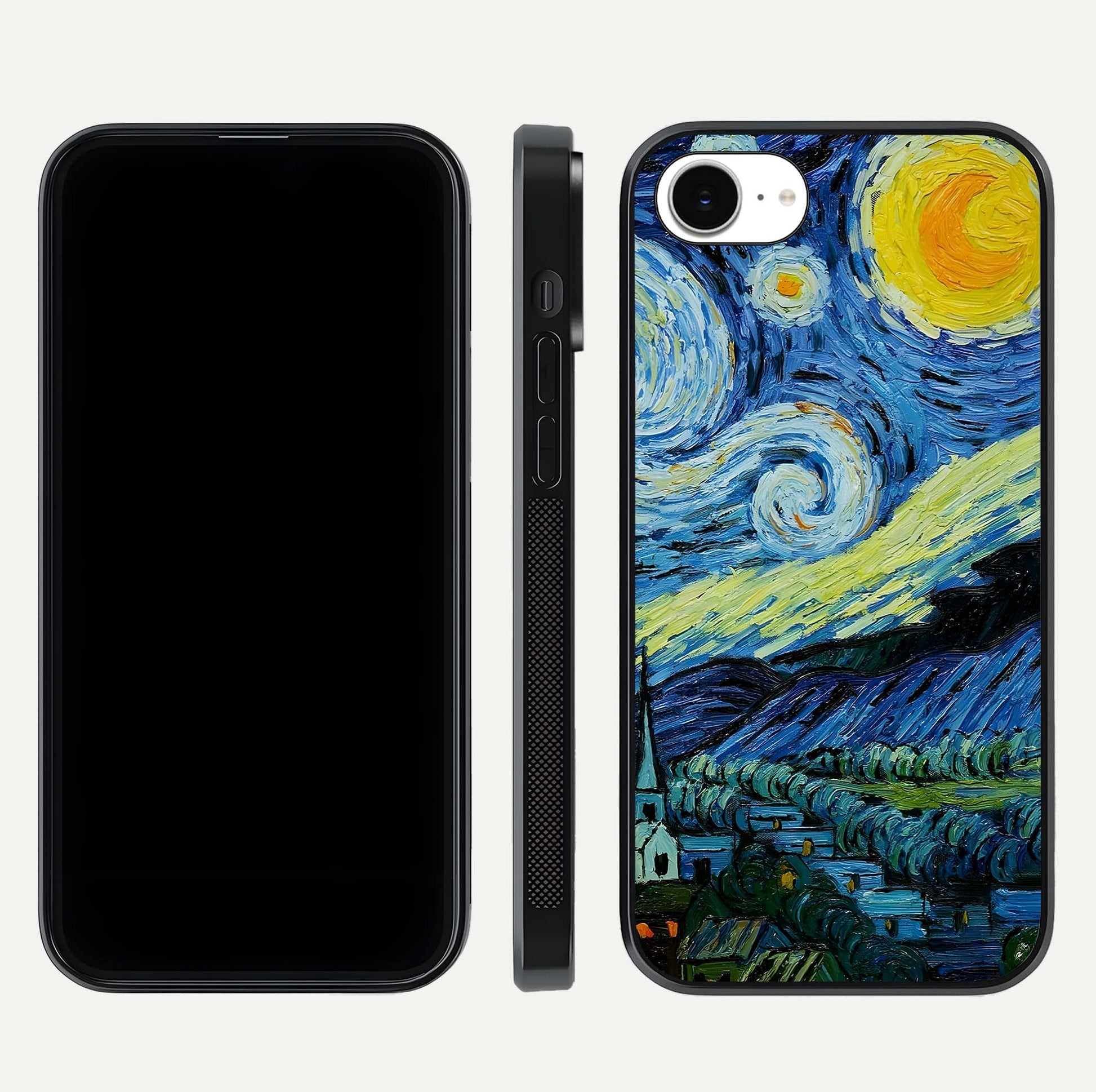 Inspired Van Gogh Art Glass Case for iPhone 16e front and back view layout displaying vivid color tones and curved glass edges