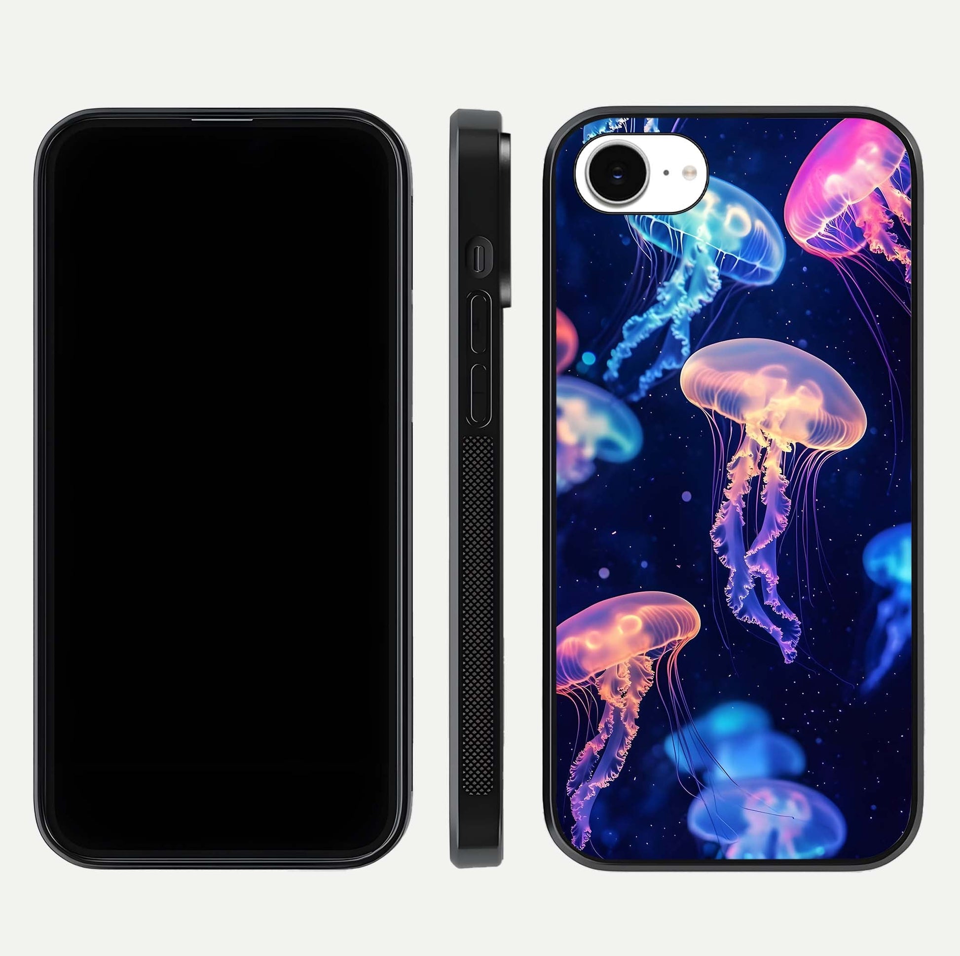Jellyfish Pattern Glass Case for iPhone 16e front and back view layout highlighting aquatic tones and curved edges