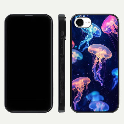 Jellyfish Pattern Glass Case for iPhone 16e front and back view layout highlighting aquatic tones and curved edges
