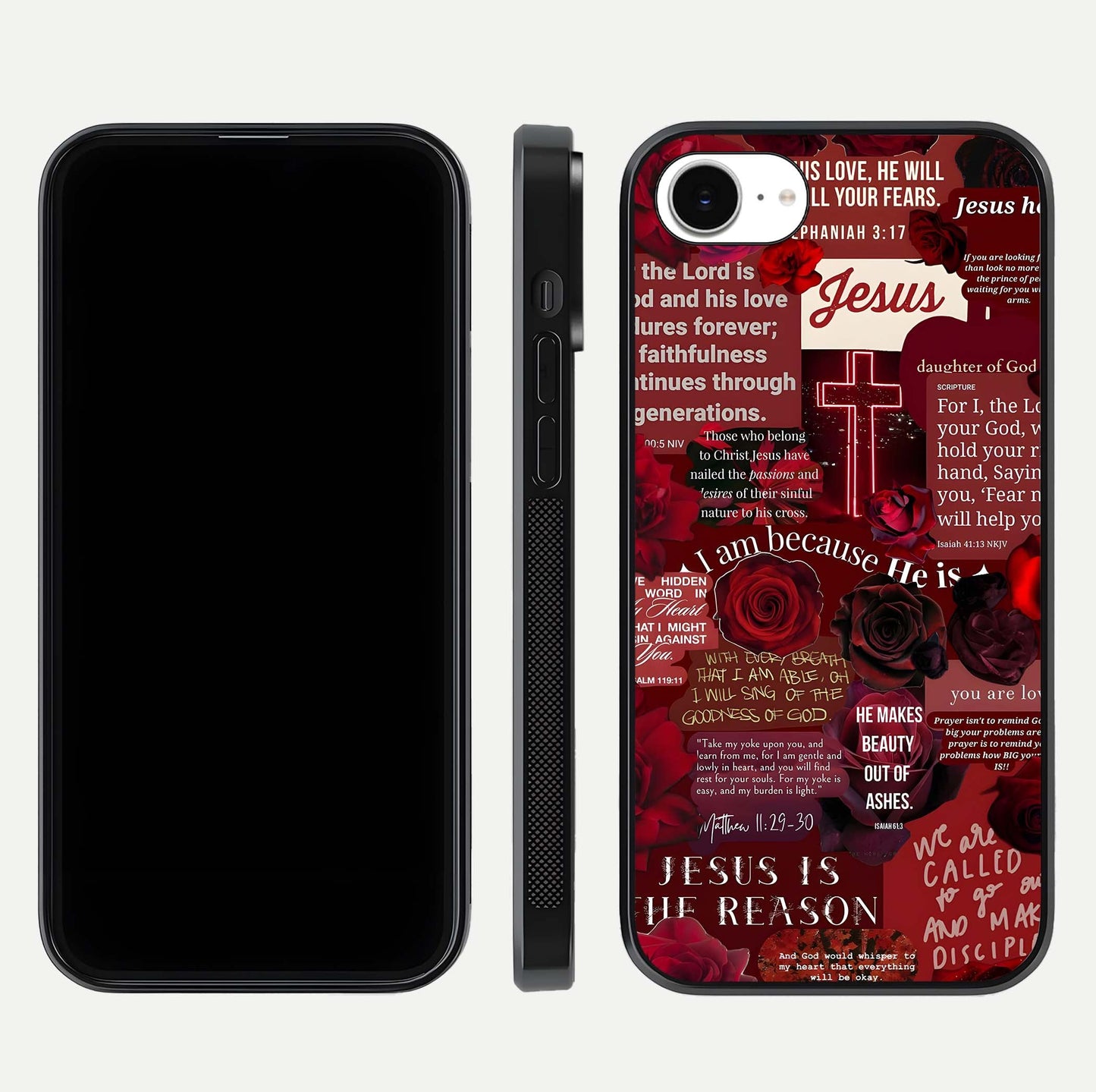Jesus Love Heals Glass Case for iPhone 16e front and back view layout with elegant typography and smooth edges