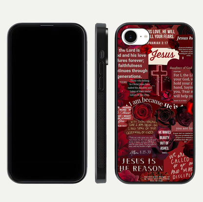 Jesus Love Heals Glass Case for iPhone 16e front and back view layout with elegant typography and smooth edges
